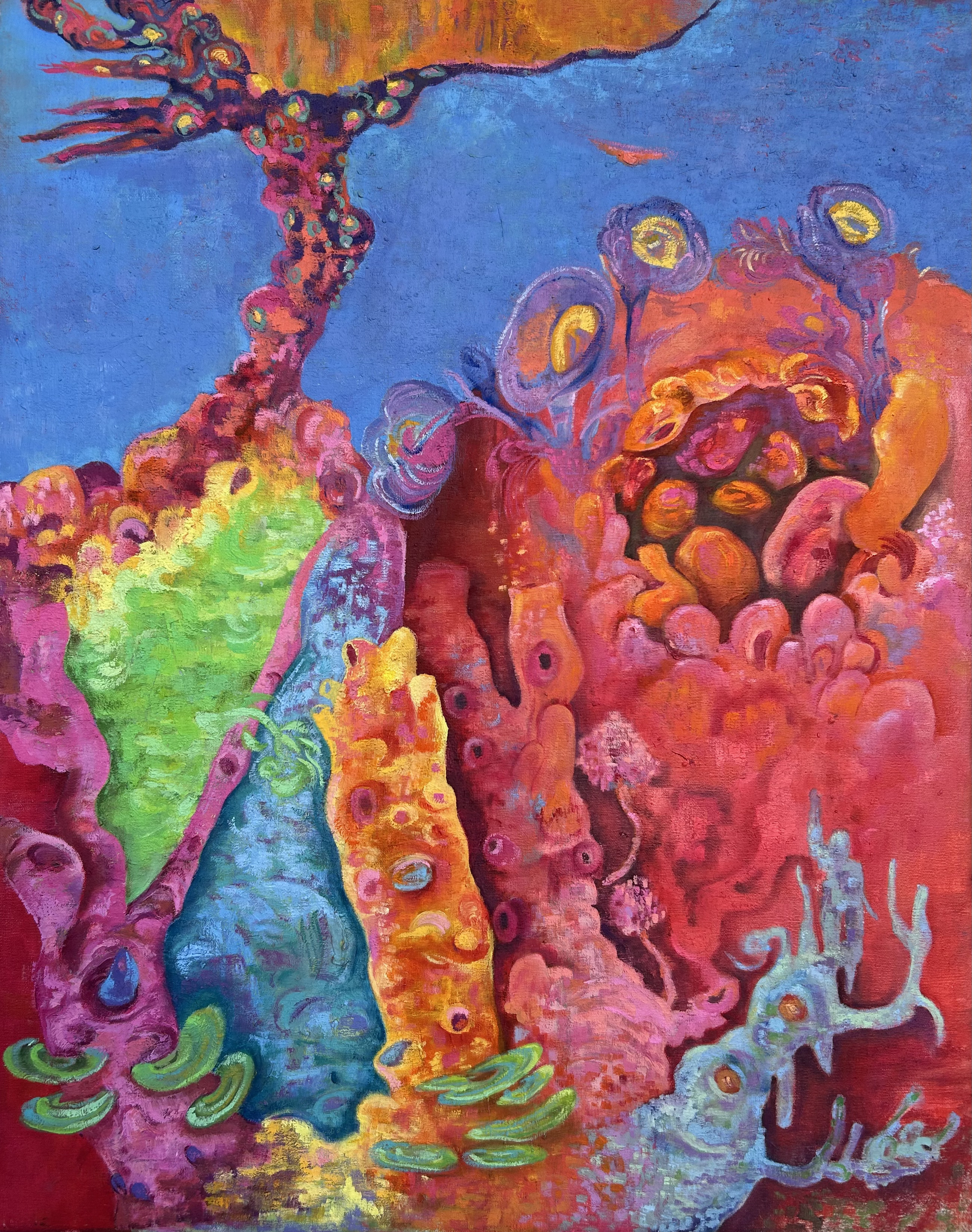 Pintura de árbol simbólico con composición orgánica y colores intensos